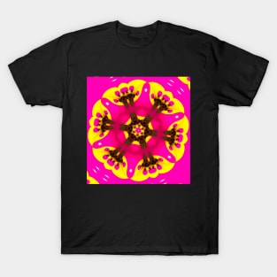 Psychedelic ornament kaleidoscope. Bright yellow neon forms. T-Shirt